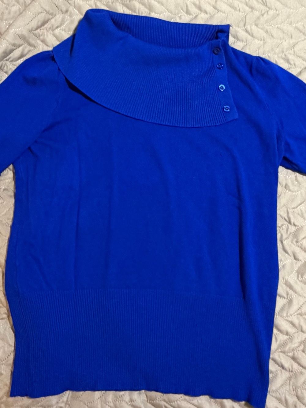 Button-Accent Cowl Neck short sleeves Knit Sweater in Royal Blue